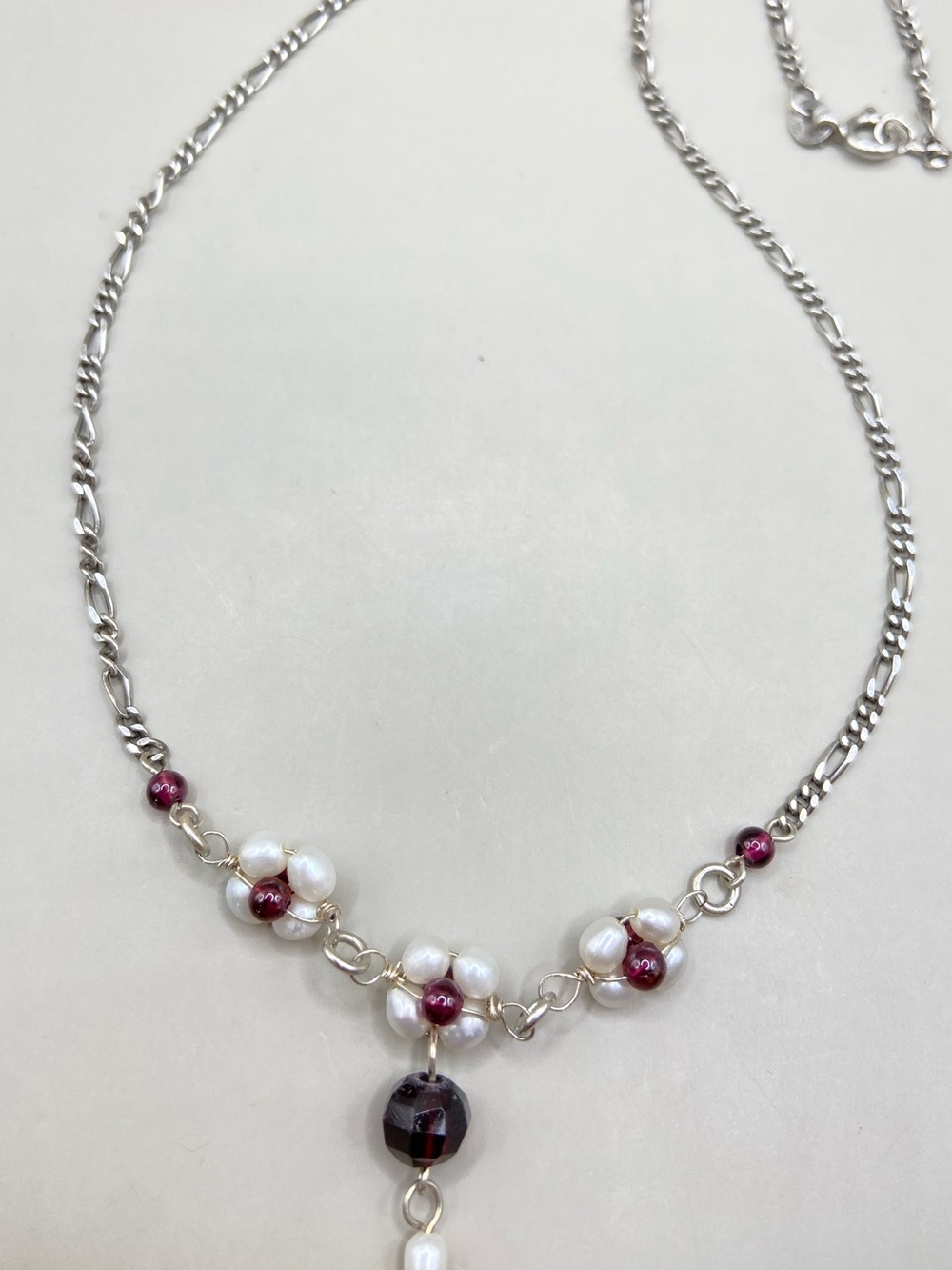 Vintage Sterling Silver Pearl Garnet Floral Drop Necklace - Picture 4 of 5